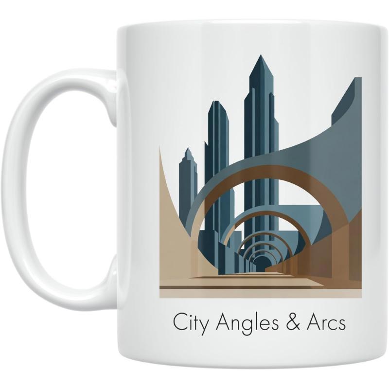 Tailorly White Ceramic 11 oz Mug - City Angles Arcs Geometric Arches Framing A Modern Urban Metropolitan Skyline
