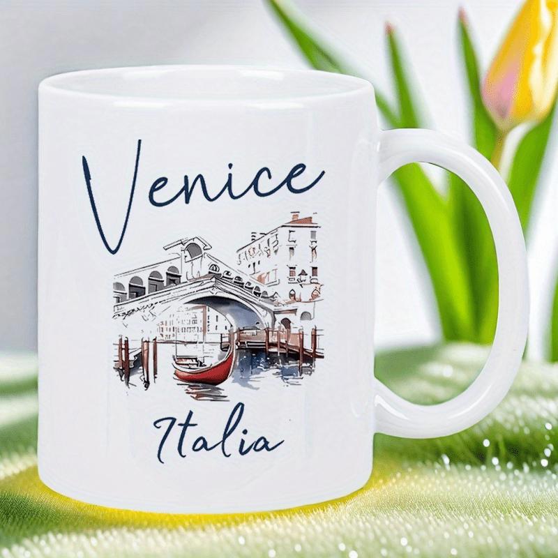 Tailorly White Ceramic 11 oz Mug - Venice Italia Artistic Hand Drawn Sketch Of Rialto Bridge And Scenic Waterway Gondola