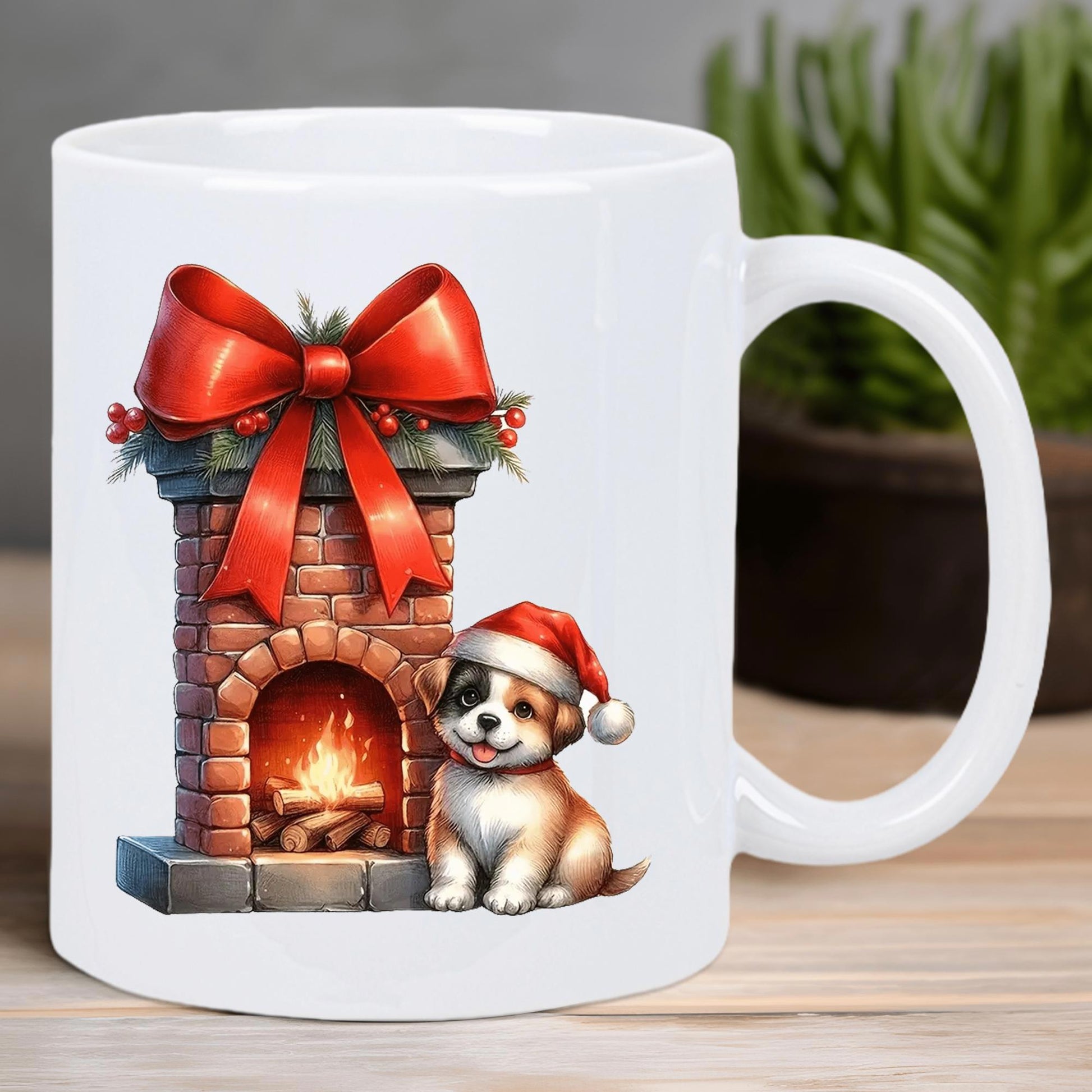 Tailorly White Ceramic 11 oz Mug - Festive Brick Fireplace Decorated With Red Ribbon Beside A Tiny Cute Puppy