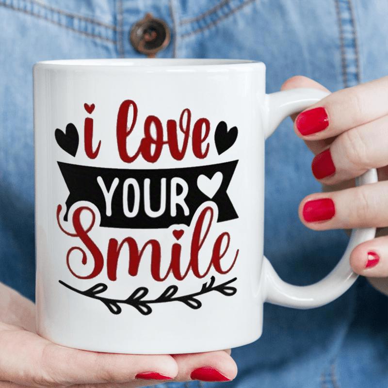 Tailorly White Ceramic 11 oz Mug - I Love Your Smile Elegant Cursive Script Banner Motifs And Romantic Decorative Branch Heart