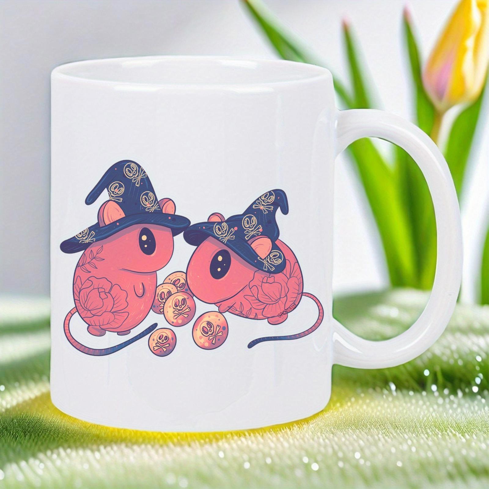 Tailorly White Ceramic 11 oz Mug - Two Magical Pink Creatures Wearing Blue Wizard Hats Playing With Seeds Hamster