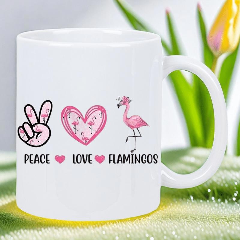Tailorly White Ceramic 11 oz Mug - Peace Love Flamingos Graceful Pink Bird With Stylized Heart And Peace Sign Icons Flamingo