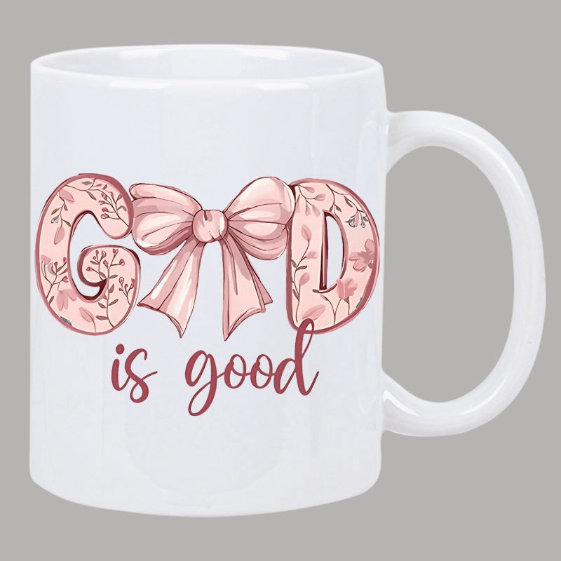 Tailorly White Ceramic 11 oz Mug - God Is Good Elegant Pink Floral Letters Featuring A Large Decorative Silk Bow