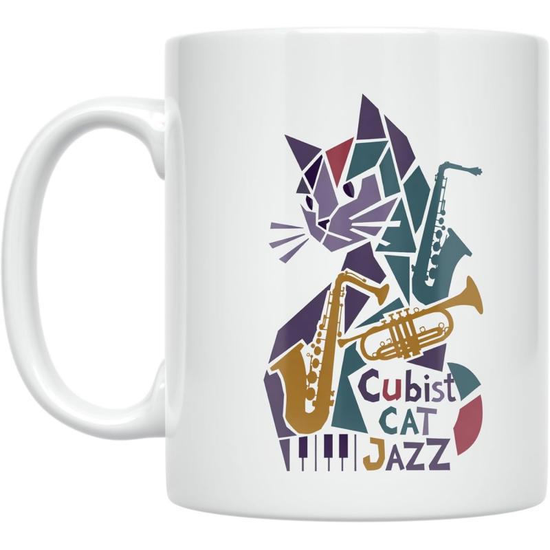 Tailorly White Ceramic 11 oz Mug - Cubist Cat Jazz Artistic Geometric Feline Playing Saxophone And Trumpet Musical Cat