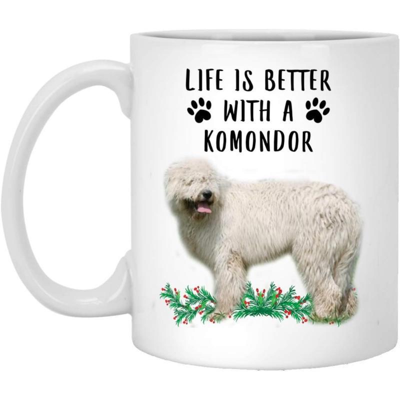 Tailorly White Ceramic 11 oz Mug - Life Is Better With A Komondor Fluffy White Long Haired Dog Standing Amidst Small Green Garden Plants Komondor