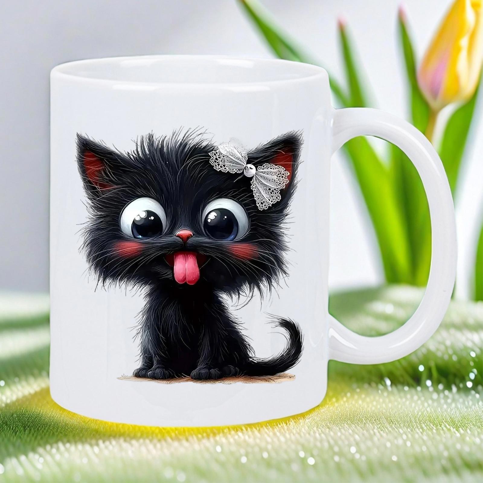 Tailorly White Ceramic 11 oz Mug - Adorable Fluffy Little Black Kitten With Tiny Tongue And White Bow Cat