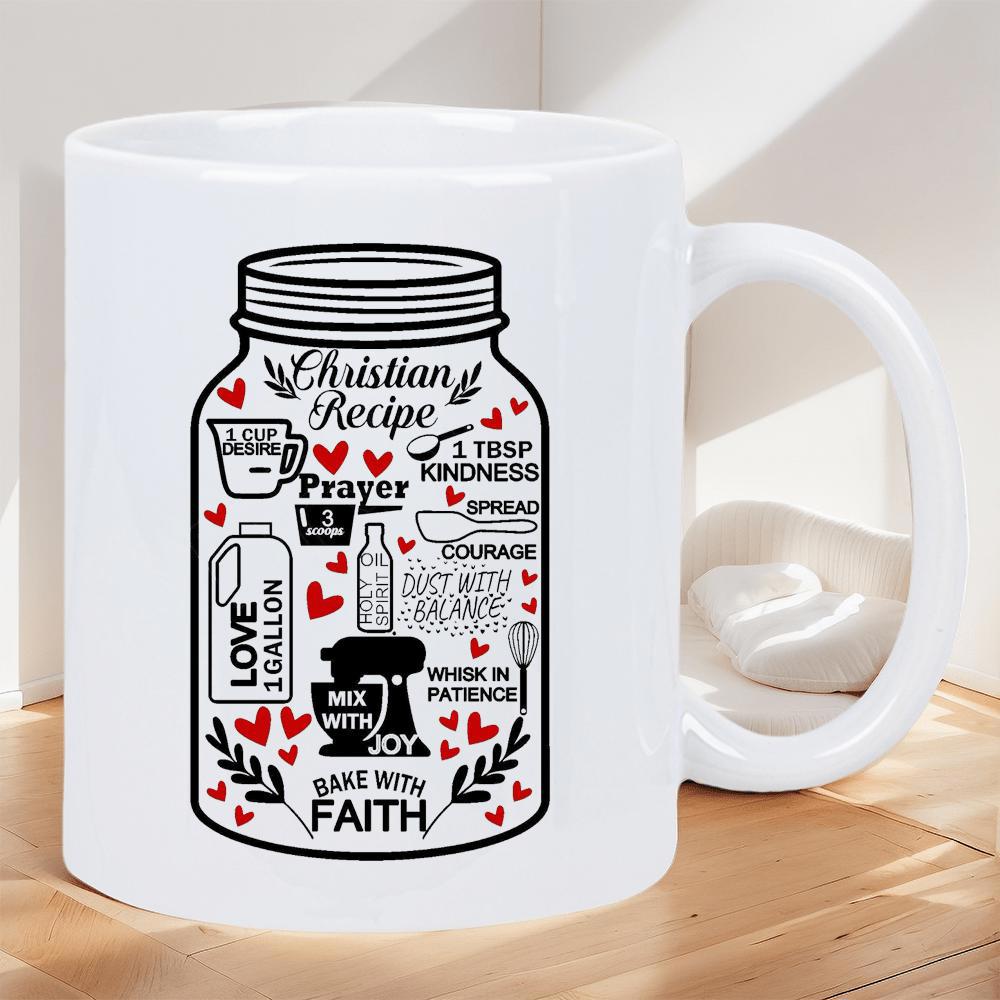 Tailorly White Ceramic 11 oz Mug - Christian Recipe Bake With Faith Filled With Hearts And Kitchen Icons Inside A Detailed Jar