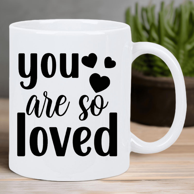 Tailorly White Ceramic 11 oz Mug - You Are So Loved Minimalist Black Hearts Arranged Floating Above Graceful Script Mug