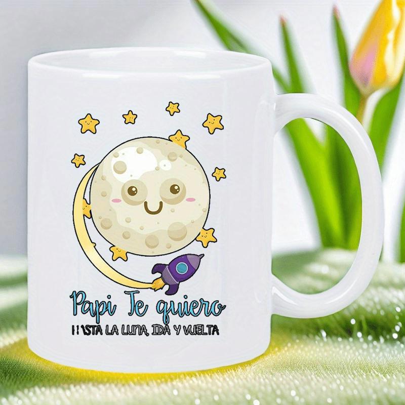 Tailorly White Ceramic 11 oz Mug - Smiling Full Moon Surrounded By Little Golden Stars And Purple Rocket Moon