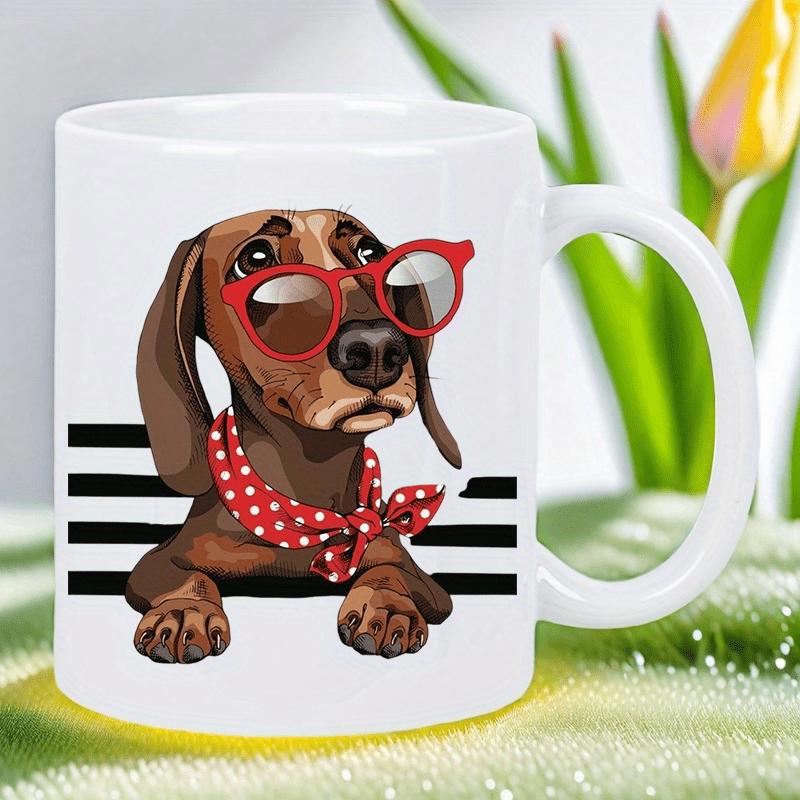 Tailorly White Ceramic 11 oz Mug - Charming Brown Wiener Dog With Red Sunglasses And Polka Dot Bandana Dachshund