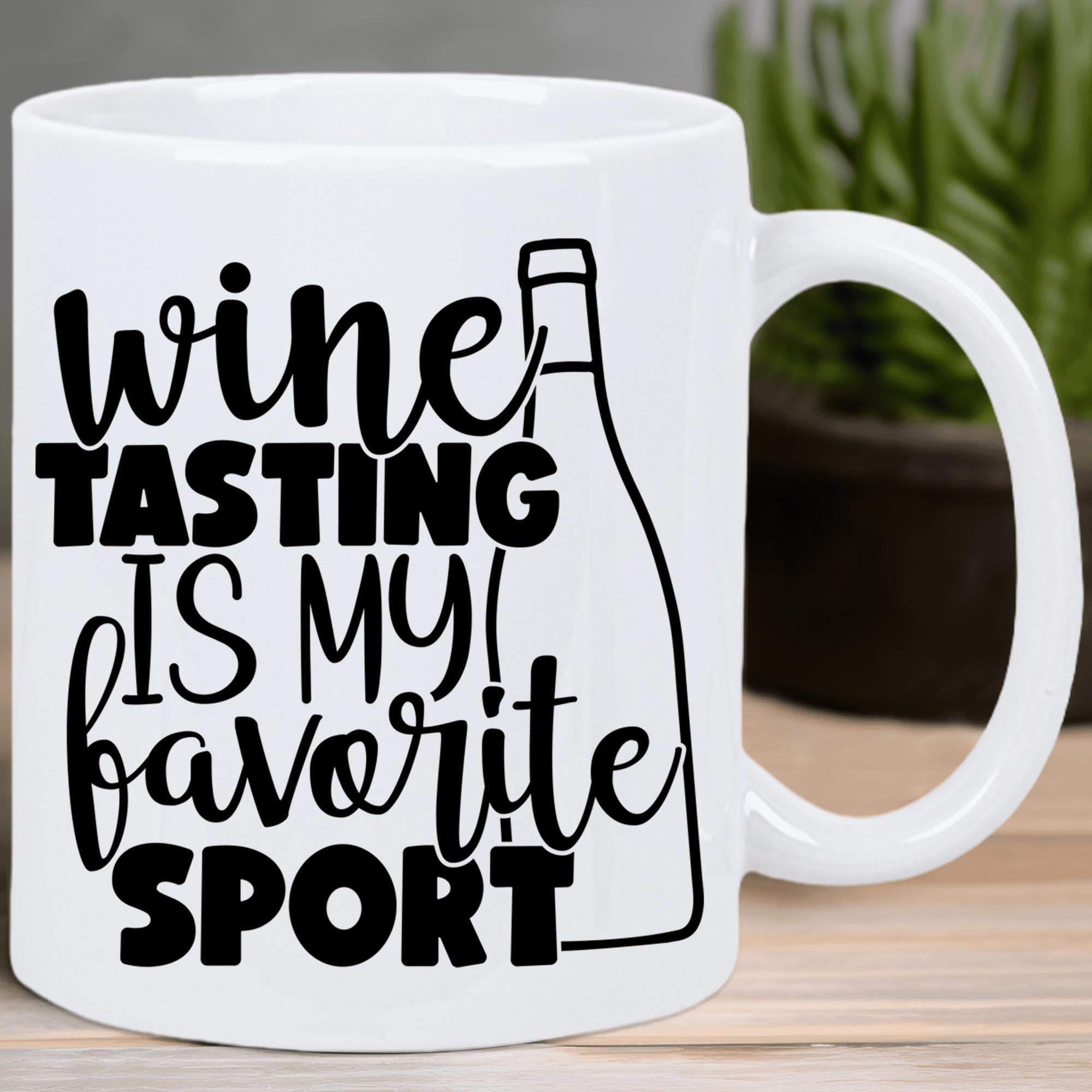 Tailorly White Ceramic 11 oz Mug - Wine Tasting Is My Favorite Sport Simple Minimalist Line Art Illustration Of A Glass Wine Bottle