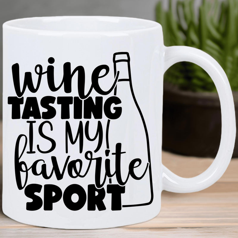 Tailorly White Ceramic 11 oz Mug - Wine Tasting Is My Favorite Sport Simple Minimalist Line Art Illustration Of A Glass Wine Bottle