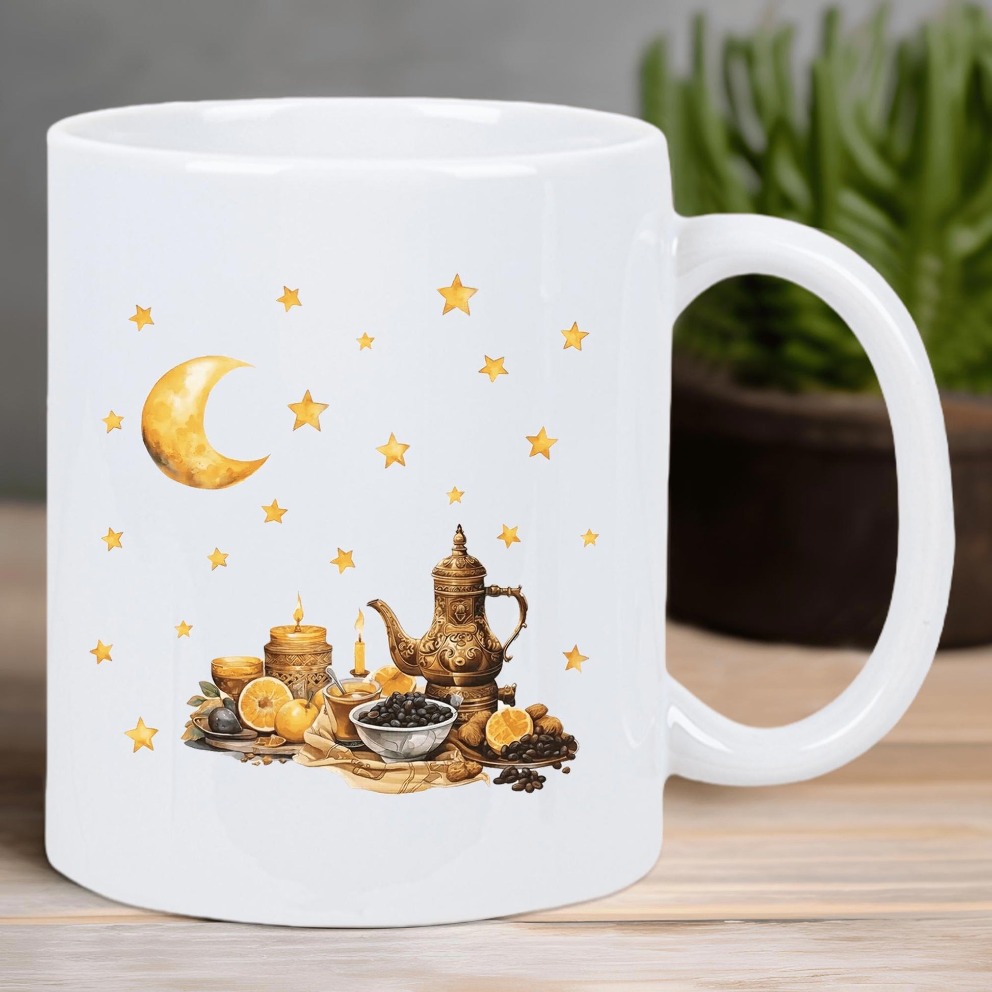 Tailorly White Ceramic 11 oz Mug - Golden Crescent Moon And Stars Shining Above A Traditional Arabian Teapot