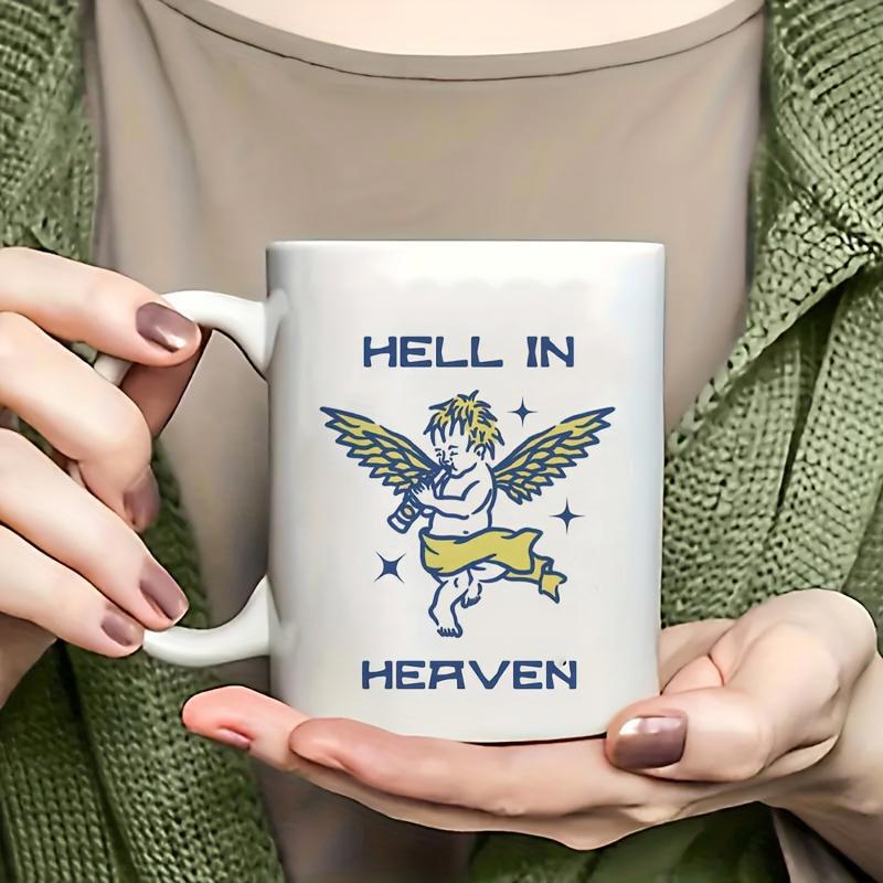 Tailorly White Ceramic 11 oz Mug - Hell In Heaven Wings Spreading With Golden Sash And Twinkling Stars Floating Around Angel