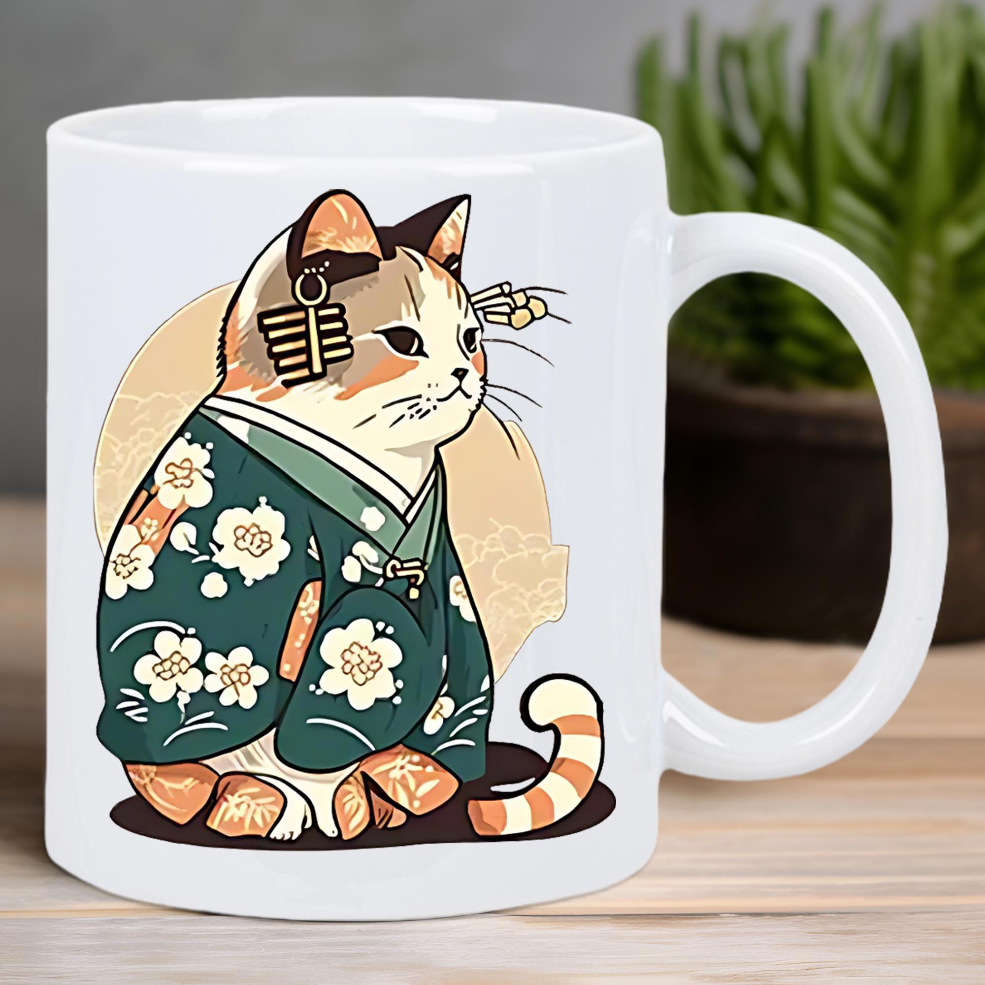 Tailorly White Ceramic 11 oz Mug - Traditional Japanese Kimono Featuring Elegant Floral Patterns On A Graceful Sitting Cat