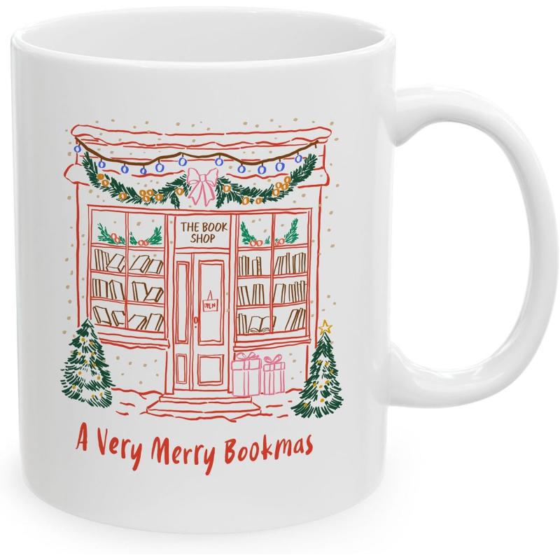 Tailorly White Ceramic 11 oz Mug - A Very Merry Bookmas The Book Shop Hand Drawn Festive Holiday Storefront With Garlands And Trees Bookshop