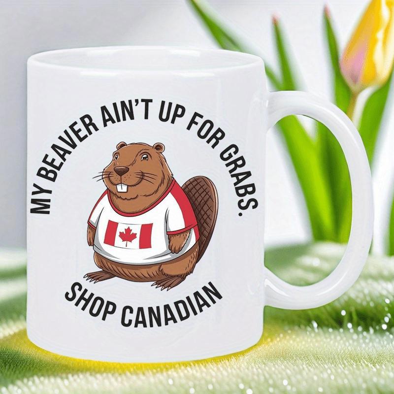 Tailorly White Ceramic 11 oz Mug - My Beaver Aint Up For Grabs Shop Canadian Cheerful Cartoon Character Wearing A Red Maple Leaf Flag Jersey Beaver