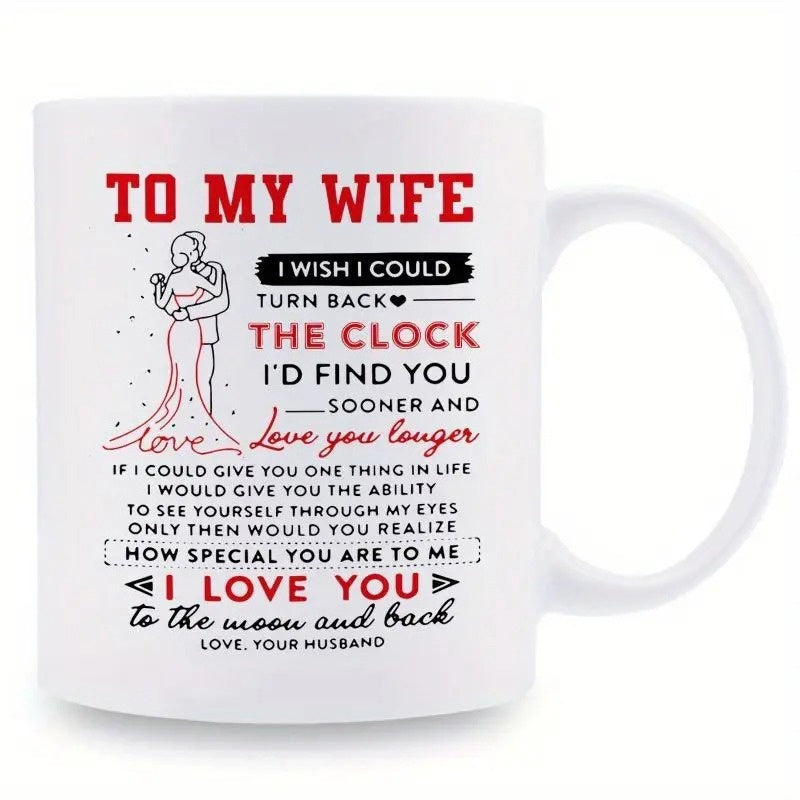 Tailorly White Ceramic 11 oz Mug - To My Wife I Love You To The Moon And Back Minimalist Artistic Silhouette Of An Embracing Couple Featuring Romantic Text Couple