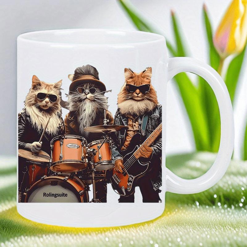 Tailorly White Ceramic 11 oz Mug - Cool Rock Band Musicians Wearing Sunglasses Playing Heavy Metal Instruments Cats