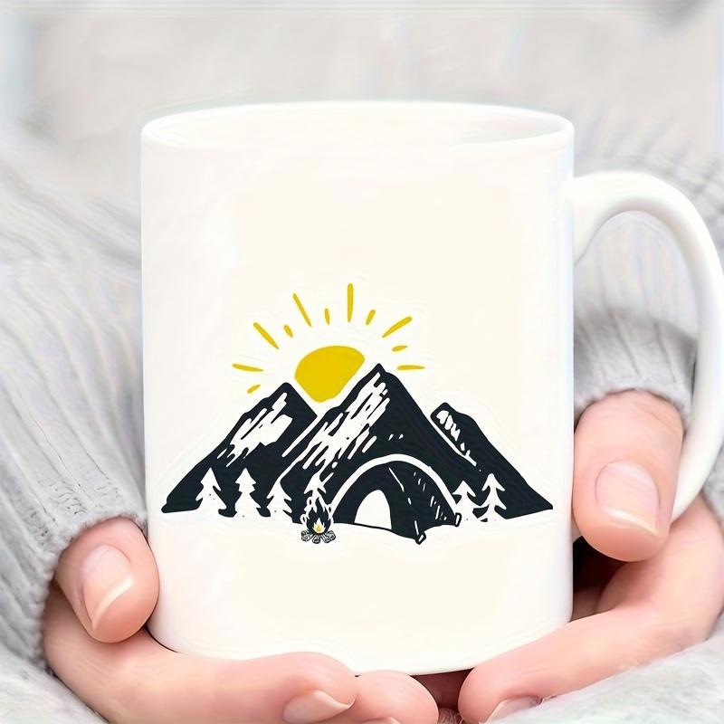Tailorly White Ceramic 11 oz Mug - Stylized Rugged Peaks Under A Glowing Yellow Sun Near A Cozy Campsite Mountain