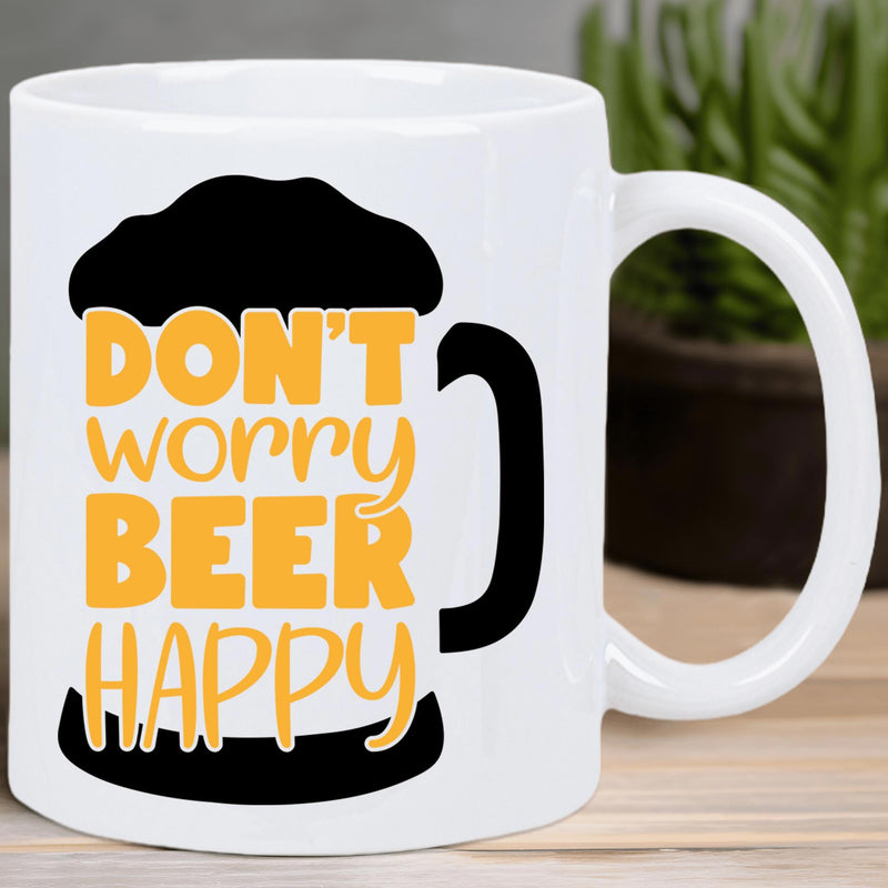 Tailorly White Ceramic 11 oz Mug - Don T Worry Beer Happy Frothy Black Silhouette Holding Bright Yellow Text Graphics With Foam Detail Mug