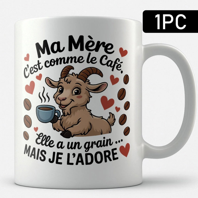 Tailorly White Ceramic 11 oz Mug - Charming Cartoon Character Holding A Hot Cup Of Coffee Among Hearts Goat