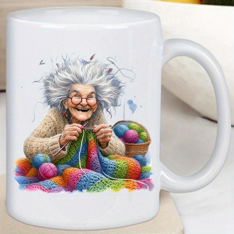 Tailorly White Ceramic 11 oz Mug - Joyful Elderly Woman Knitting With Vibrant Colorful Yarn And Messy Hair Grandmother
