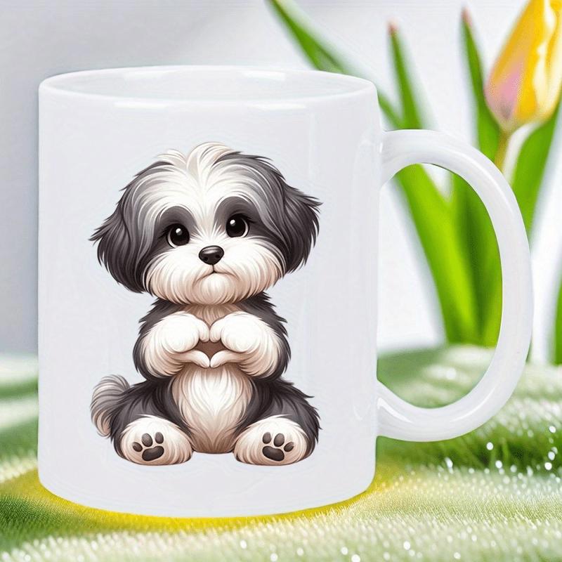 Tailorly White Ceramic 11 oz Mug - Adorable Fluffy Black And White Puppy Making Heart Shape Gesture Dog