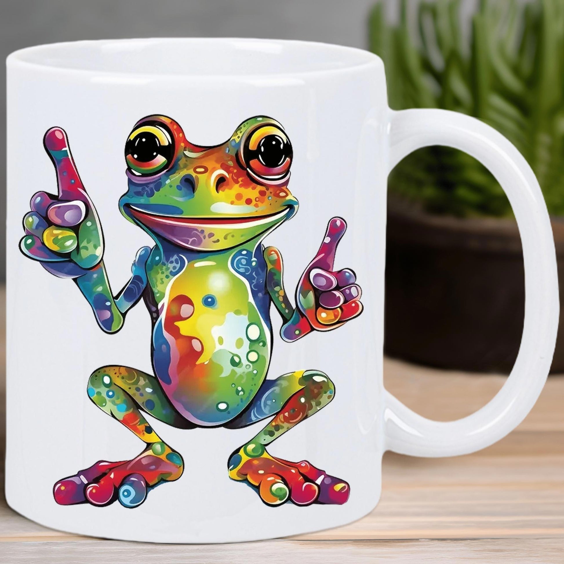 Tailorly White Ceramic 11 oz Mug - Whimsical Sitting Colorful Pattern With Vibrant Artistic Rainbow Skin Cute Frog