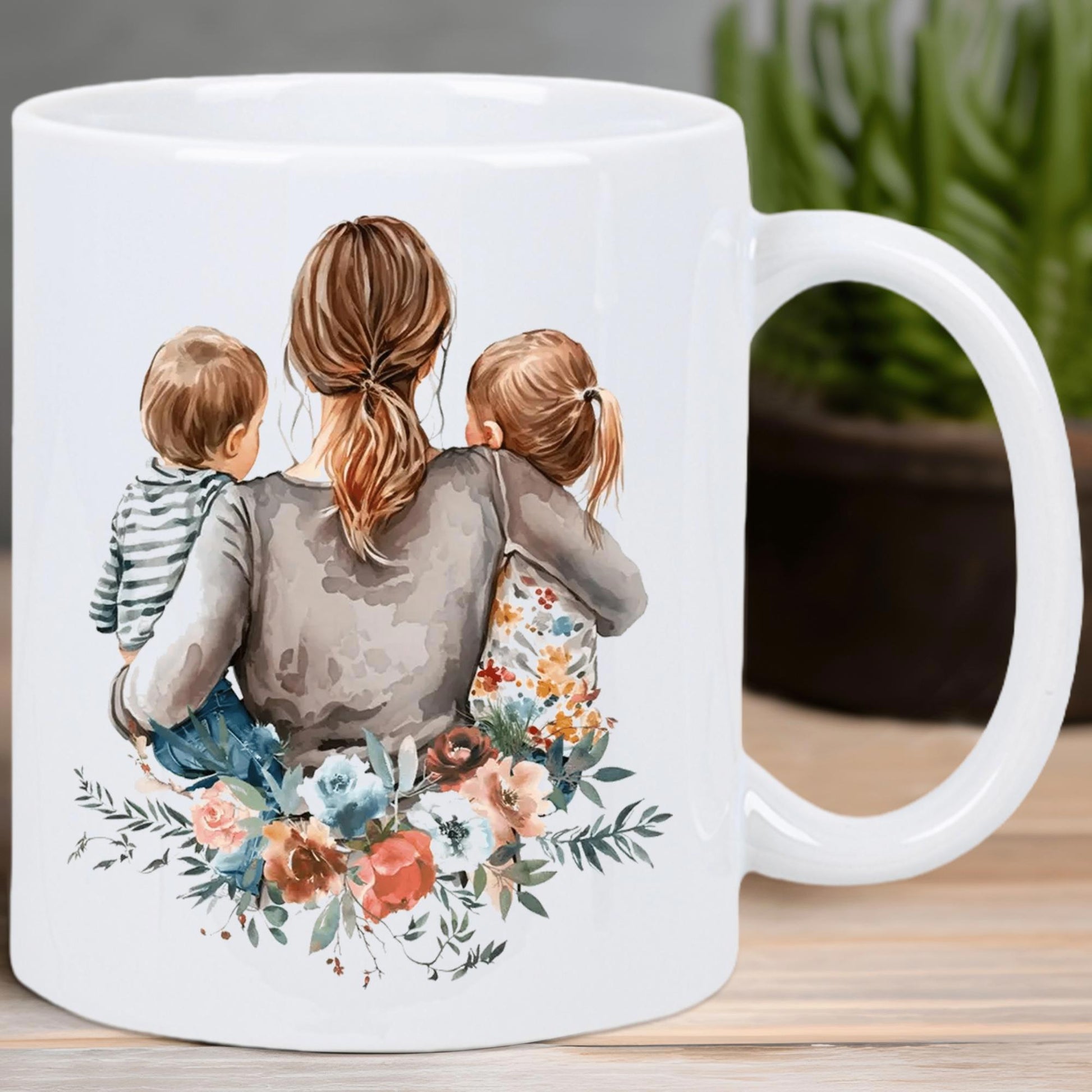 Tailorly White Ceramic 11 oz Mug - Loving Family Embracing Among Vibrant Watercolor Flowers Under Gentle Soft Light Mother