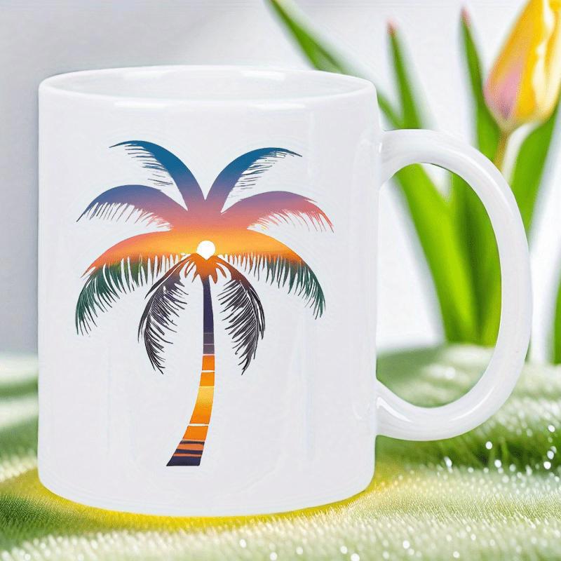 Tailorly White Ceramic 11 oz Mug - Vibrant Gradient Sunset Colors Shining Through A Tropical Summer Palm