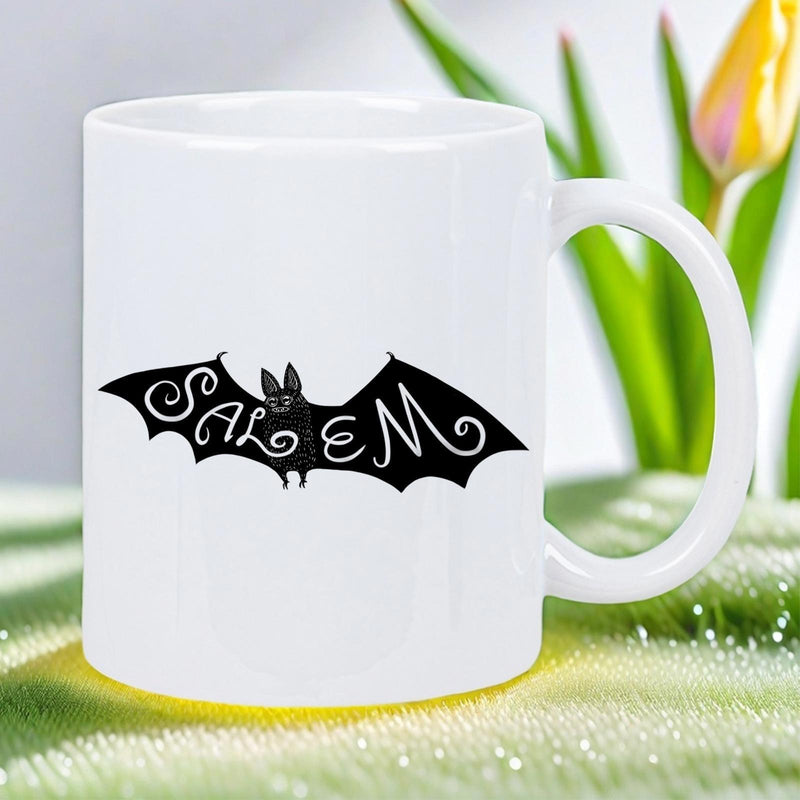 Tailorly White Ceramic 11 oz Mug - Salem Spread Winged Dark Night Creature Silhouette With Artistic White Lettering Bat