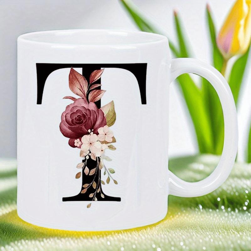 Tailorly White Ceramic 11 oz Mug - Elegant Monogram Letter T Adorned With Vintage Dark Red Roses Flower
