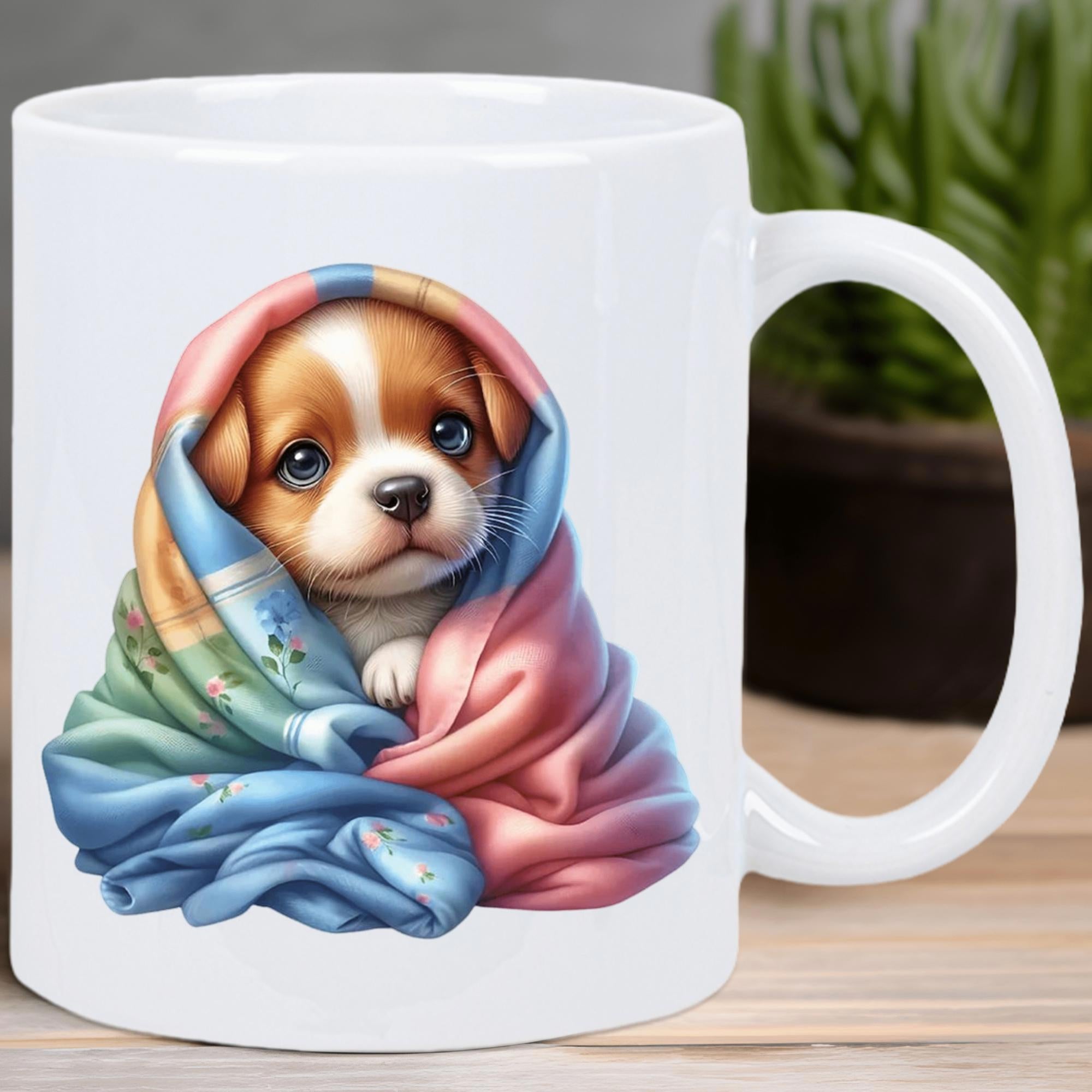 Tailorly White Ceramic 11 oz Mug - Adorable Small Dog Wrapped In Soft Colorful Pastel Textured Blanket Puppy