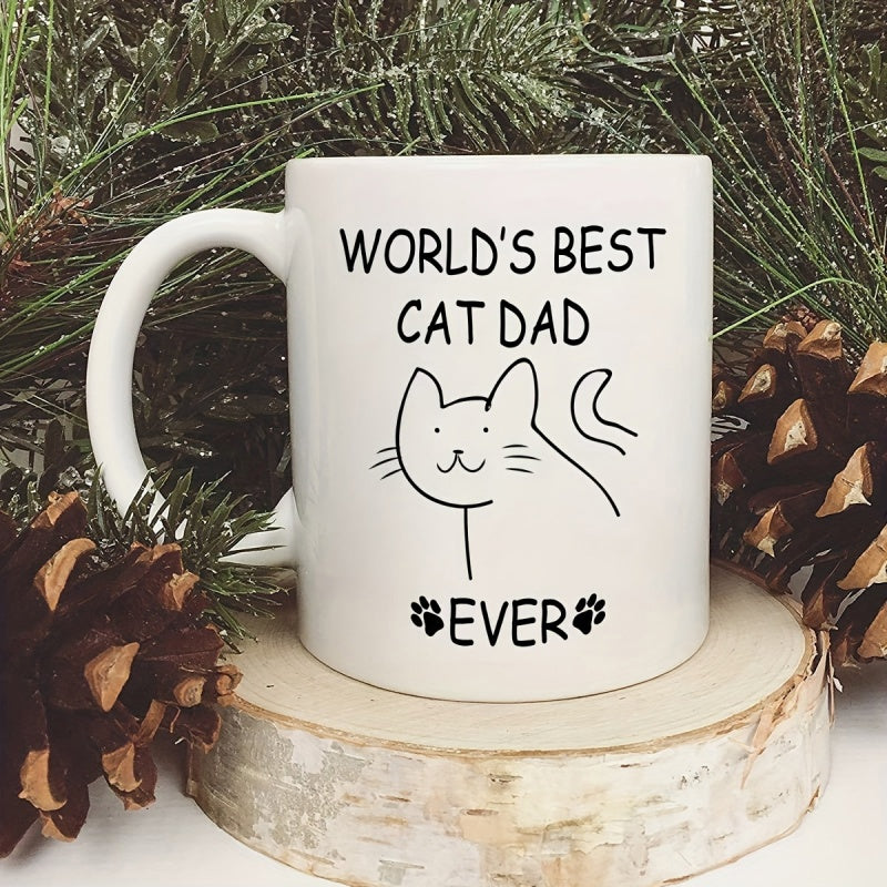 Tailorly White Ceramic 11 oz Mug - Worlds Best Cat Dad Ever Simple Hand Drawn Feline Outline Among Paw Prints And Minimalist Lines Cat