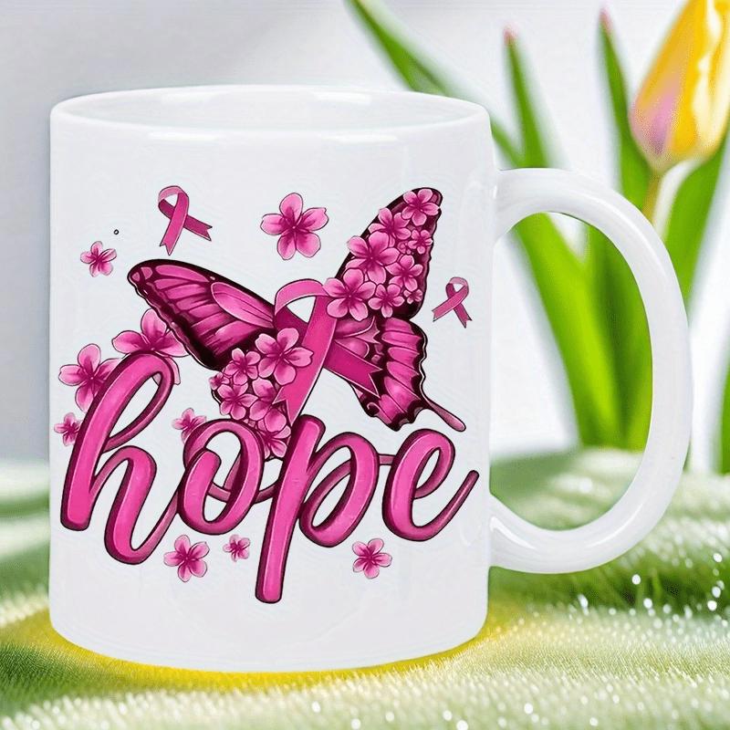 Tailorly White Ceramic 11 oz Mug - Hope Pink Wings Adorned With Floral Patterns And Floating Awareness Symbols Butterfly