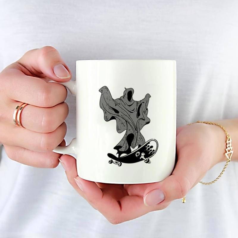 Tailorly White Ceramic 11 oz Mug - Ethereal Cloaked Figure Riding A Black Skateboard Through The Void Ghost