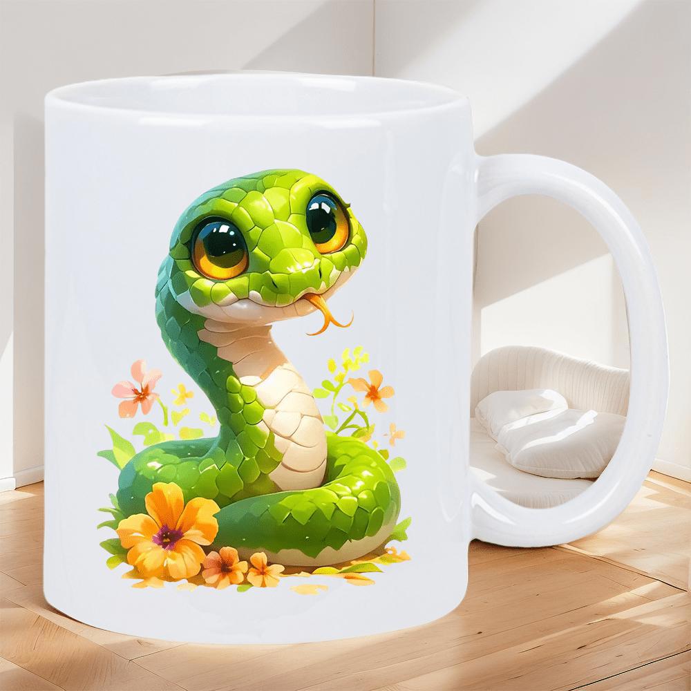 Tailorly White Ceramic 11 oz Mug - Vibrant Green Resting Amidst Colorful Blooming Flowers And Lush Leaves Snake