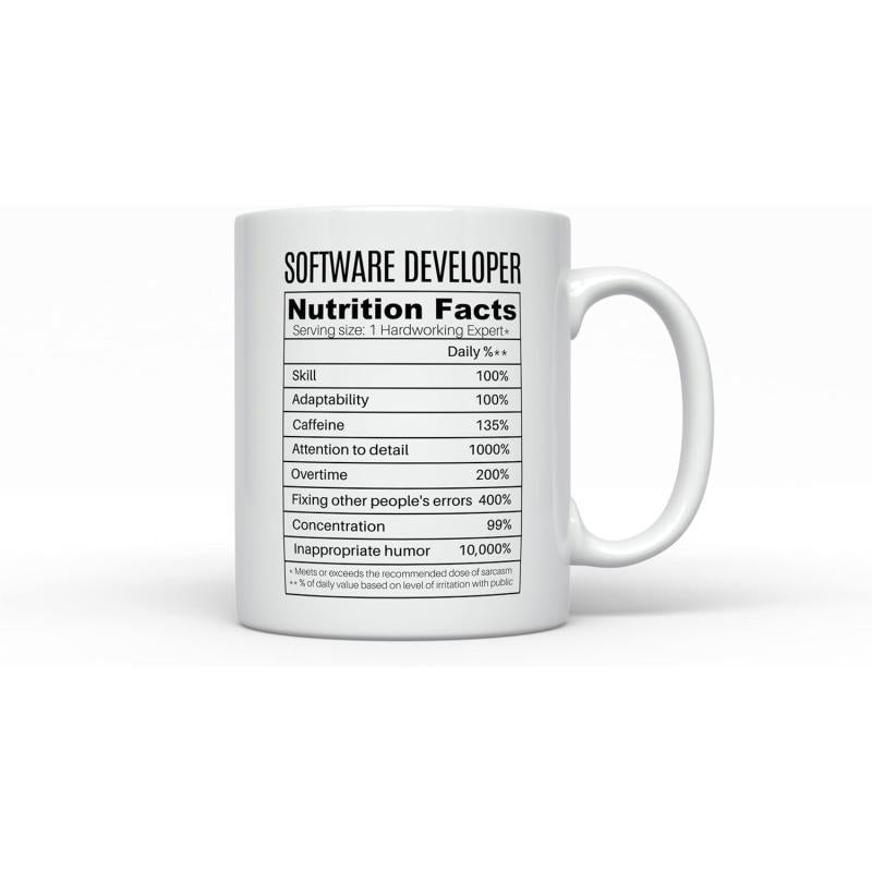Tailorly White Ceramic 11 oz Mug - Software Developer Nutrition Facts Humorous Professional Statistics Presented Within A Classic Informative Nutritional Chart