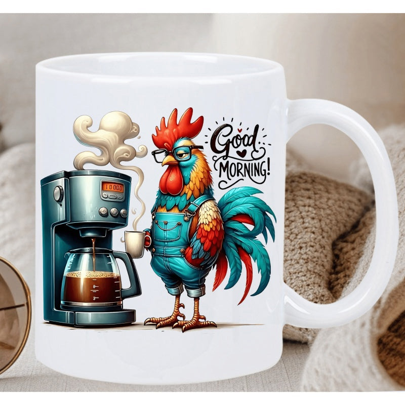 Tailorly White Ceramic 11 oz Mug - Good Morning Stylized Farm Animal Standing Beside A Modern Steam Brewing Machine Rooster