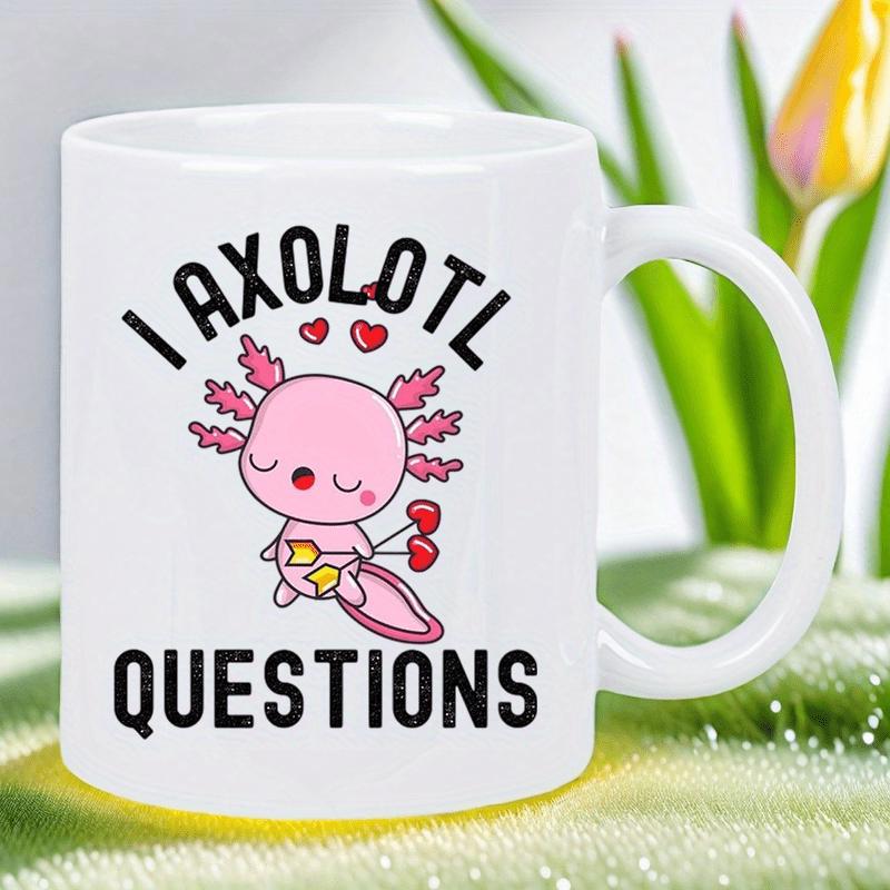 Tailorly White Ceramic 11 oz Mug - I Axolotl Questions Adorable Little Pink Creature Surrounded By Tiny Red Heart Shapes Axolotl