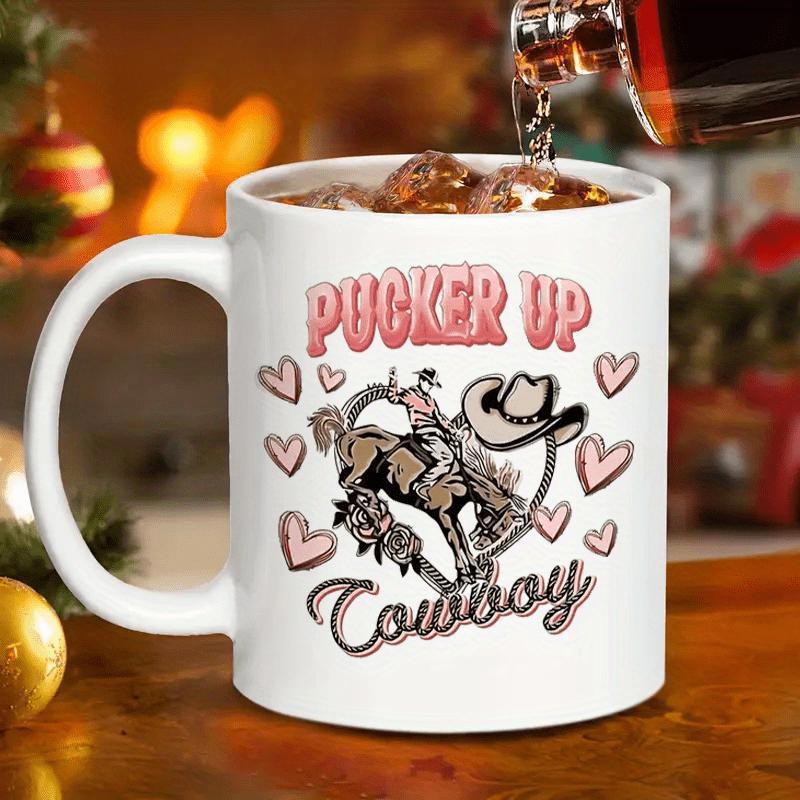 Tailorly White Ceramic 11 oz Mug - Pucker Up Cowboy Retro Western Rider On Bucking Bronco Surrounded By Floating Pink Hearts Cowboy