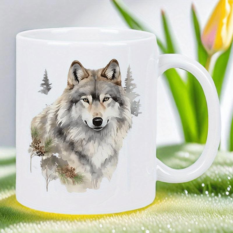 Tailorly White Ceramic 11 oz Mug - Majestic Wild Animal Standing Among Tall Evergreen Pine Trees In Forest Wolf