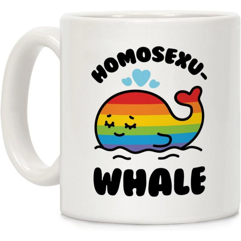 Tailorly White Ceramic 11 oz Mug - Homosexu Whale Rainbow Colored Cartoon Marine Animal Floating On Gentle Waves With Hearts Whale