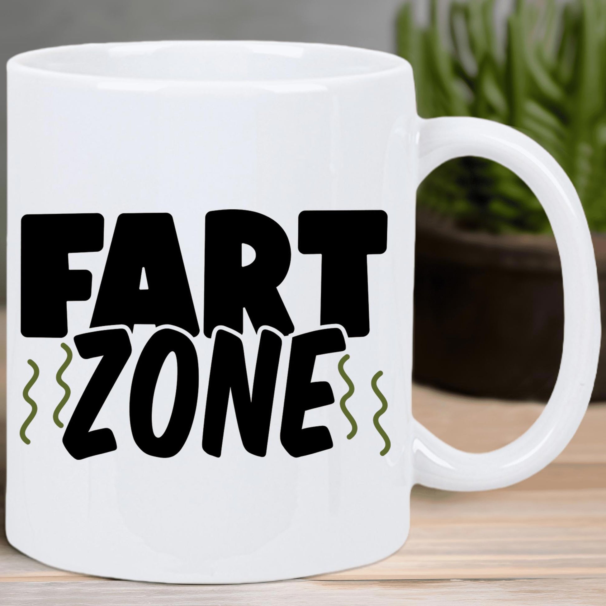 Tailorly White Ceramic 11 oz Mug - Fart Zone Humorous Bold Black Lettering With Playful Wavy Green Scent Lines Mug