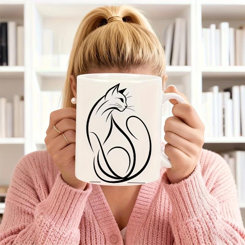 Tailorly White Ceramic 11 oz Mug - Elegant Black Minimalist Line Art Drawing Of A Graceful Sitting Feline Cat