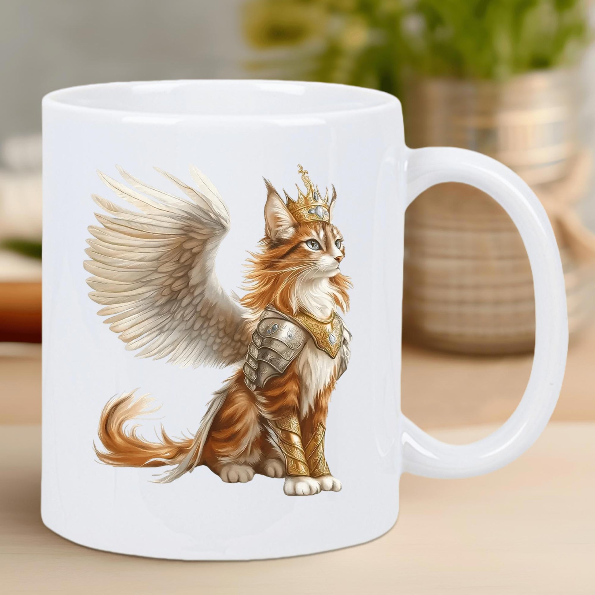 Tailorly White Ceramic 11 oz Mug - Majestic Warrior Ginger Cat With Golden Armor And Large Feathered Wings Cat