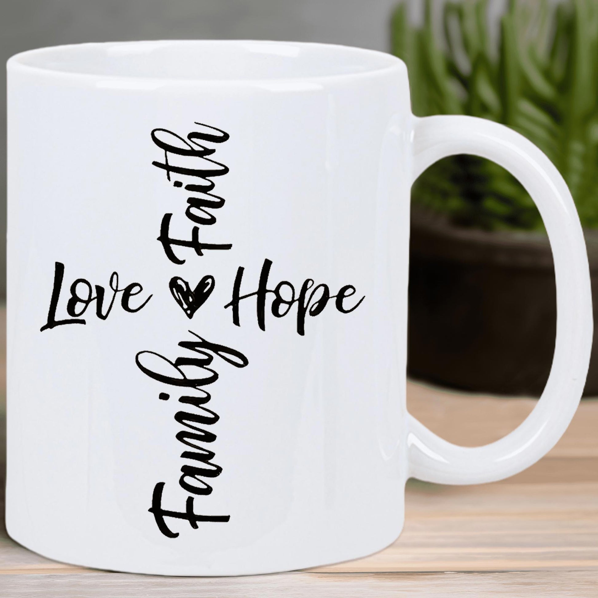 Tailorly White Ceramic 11 oz Mug - Love Hope Faith Family Minimalist Script Typography With Heart In Center Religious Cross