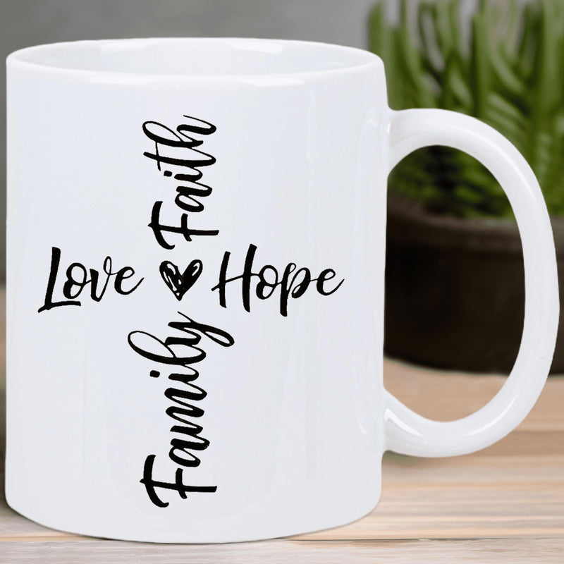 Tailorly White Ceramic 11 oz Mug - Love Hope Faith Family Minimalist Script Typography With Heart In Center Religious Cross