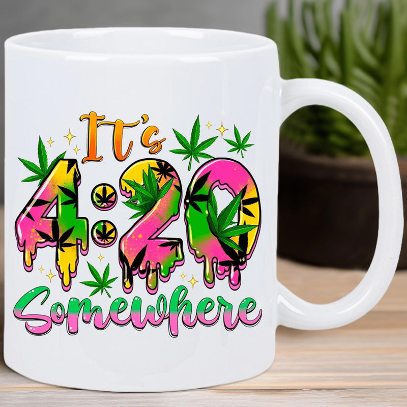 Tailorly White Ceramic 11 oz Mug - Its 420 Somewhere Vibrant Dripping Colorful Digits With Green Cannabis Leaves And Sparkling Elements Mug